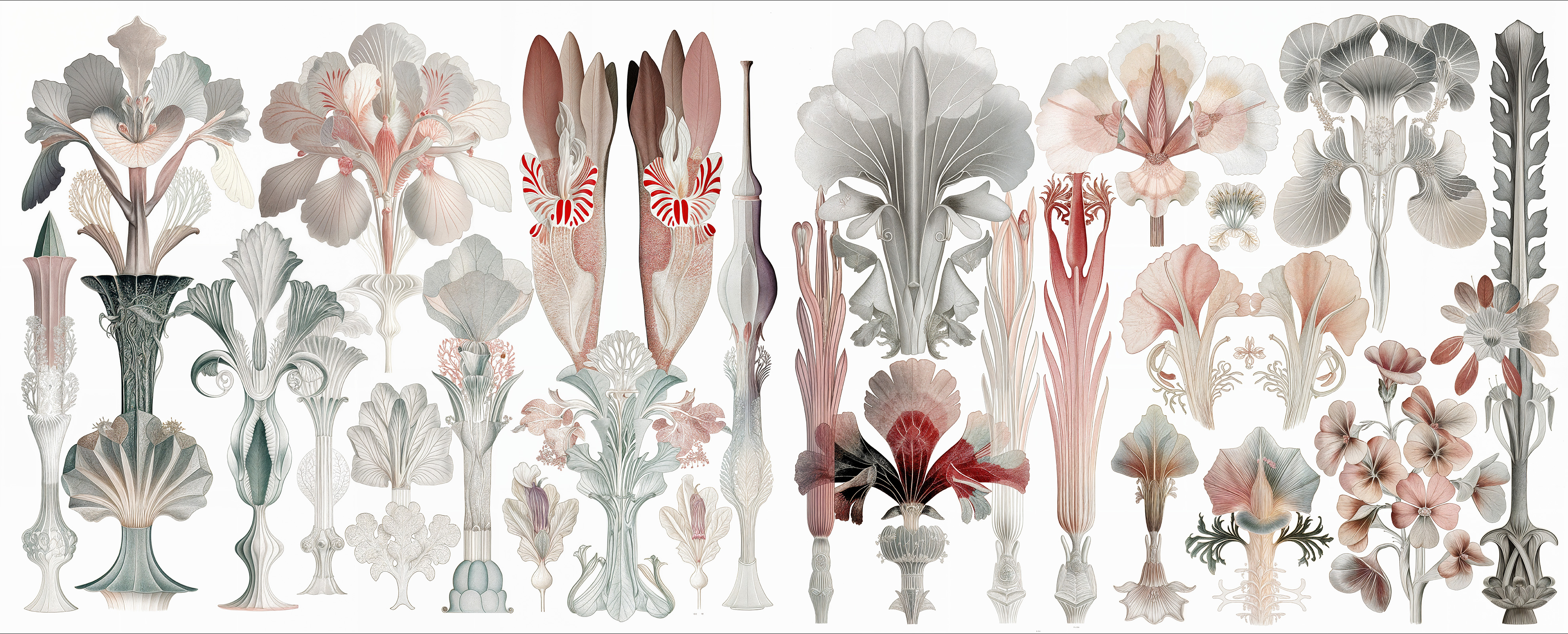 Imaginary pastel botany in chromolithographic style, large wall frieze
